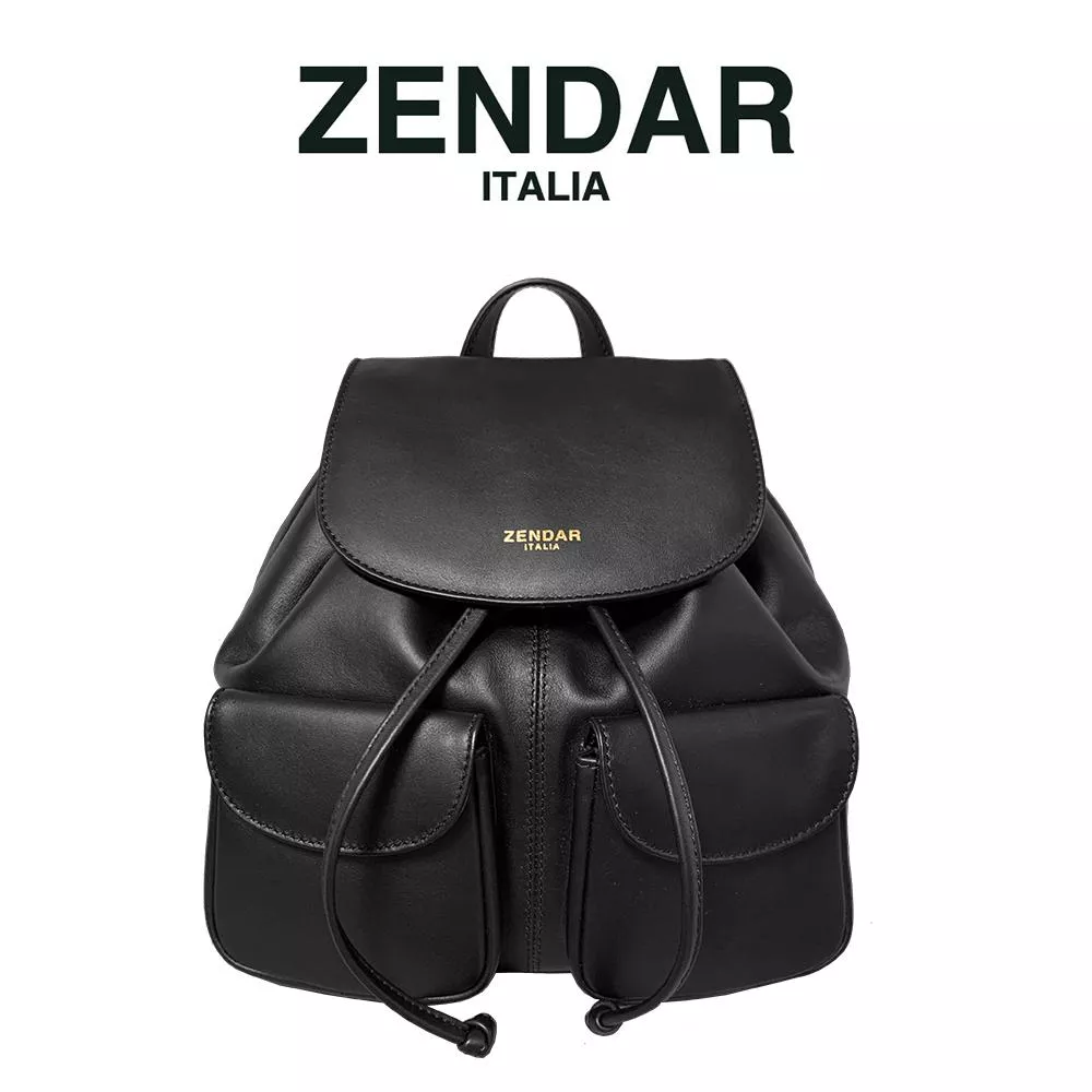 【ZENDAR】限量2折 頂級小牛皮後背包桶包 全新專櫃展示品 (黑色)