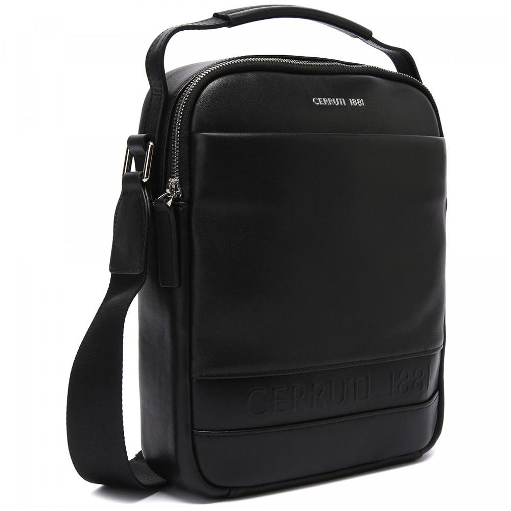 【Cerruti 1881】限量2折 義大利頂級小牛皮側背包肩背包 全新專櫃展示品 (黑色 CEBO05886M)