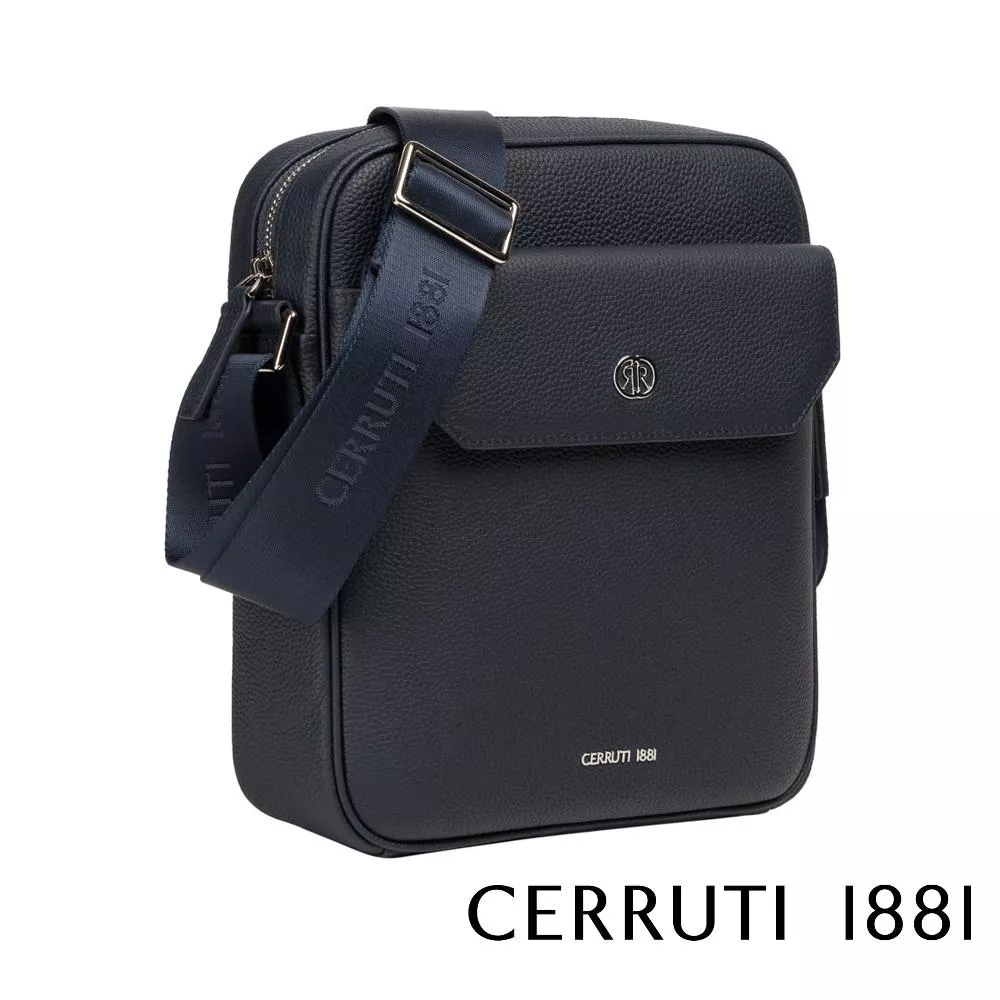 【Cerruti 1881】義大利頂級小牛皮側背包肩背包 (深藍色 CEBO06478M)