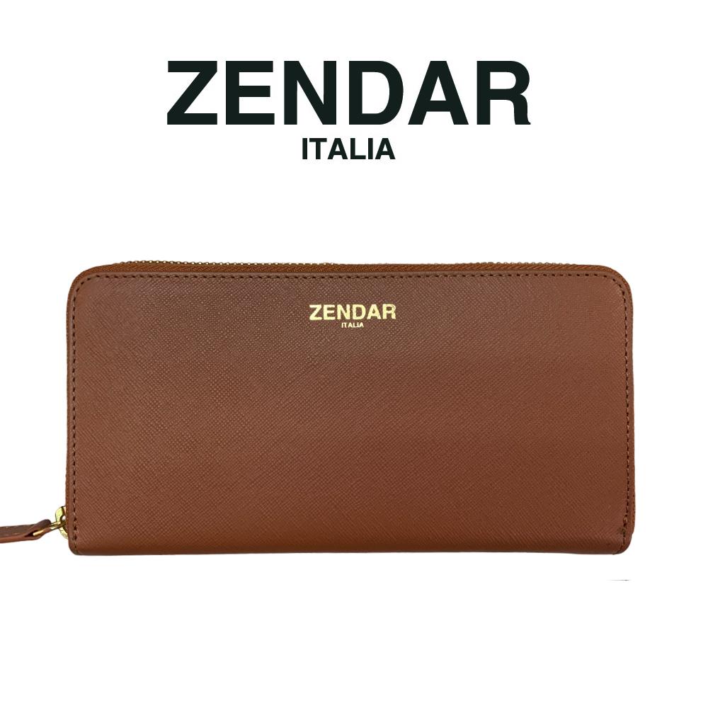 【ZENDAR】限量1折 頂級小牛皮十字紋拉鍊長夾 卡門系列 全新專櫃展示品 (琥珀色)