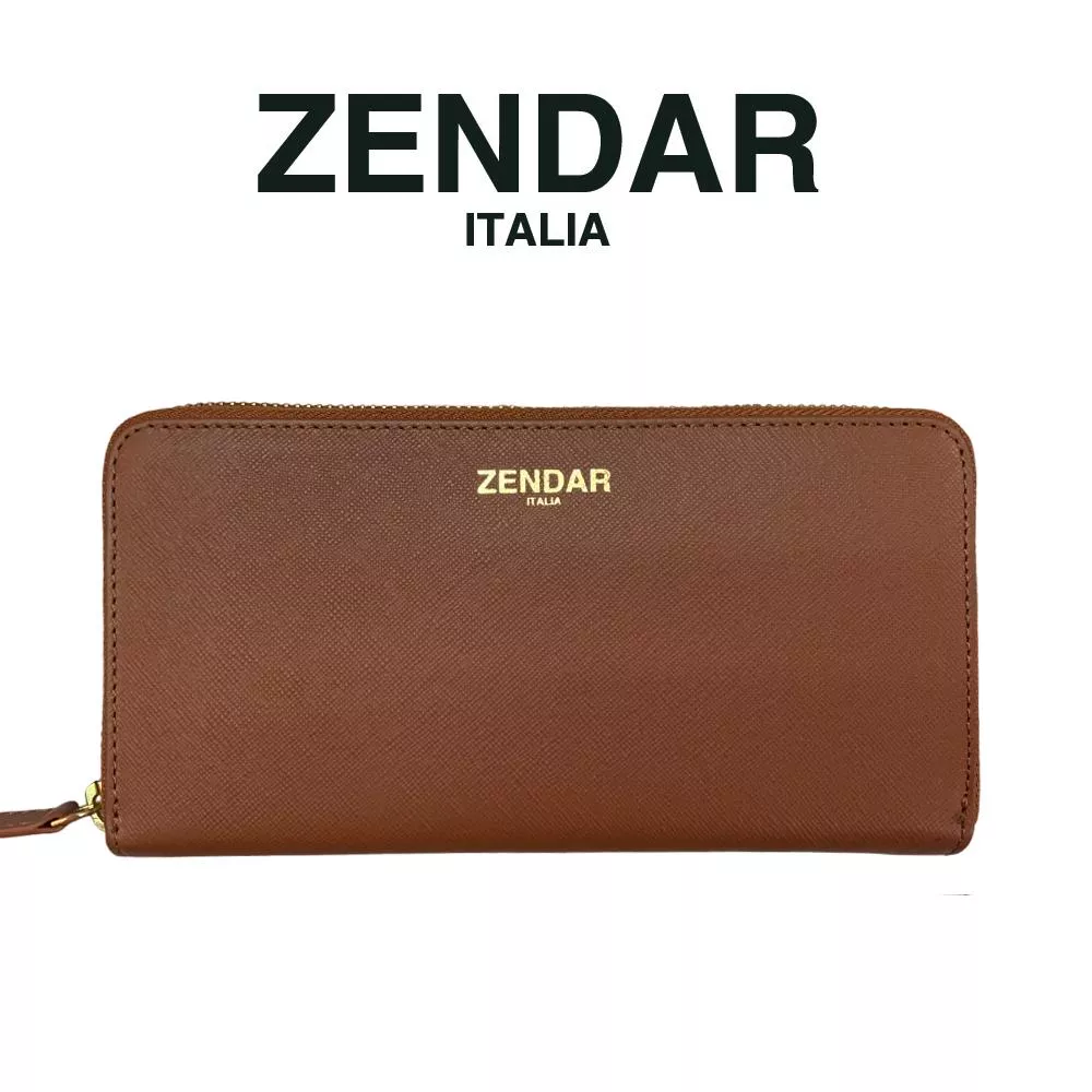 【ZENDAR】限量1折 頂級小牛皮十字紋拉鍊長夾 卡門系列 全新專櫃展示品 (琥珀色)