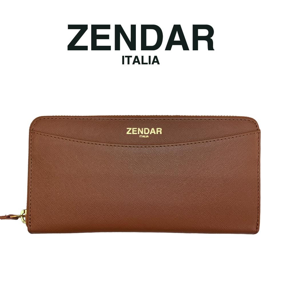 【ZENDAR】限量1折 頂級小牛皮十字紋拉鍊長夾 馬蒂娜系列 全新專櫃展示品 (琥珀色)