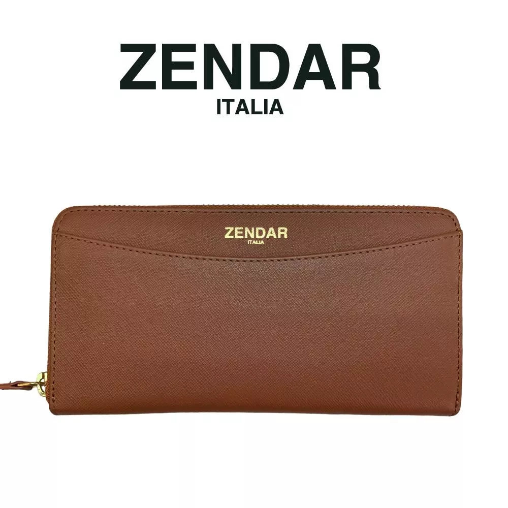 【ZENDAR】頂級小牛皮十字紋拉鍊長夾 馬蒂娜系列 (琥珀色)