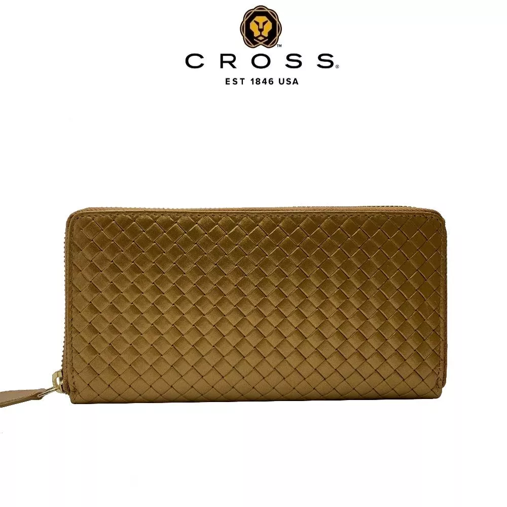 【CROSS】限量1折 頂級小牛皮編織紋拉鍊長夾 海倫系列 全新專櫃展示品 (發財金)