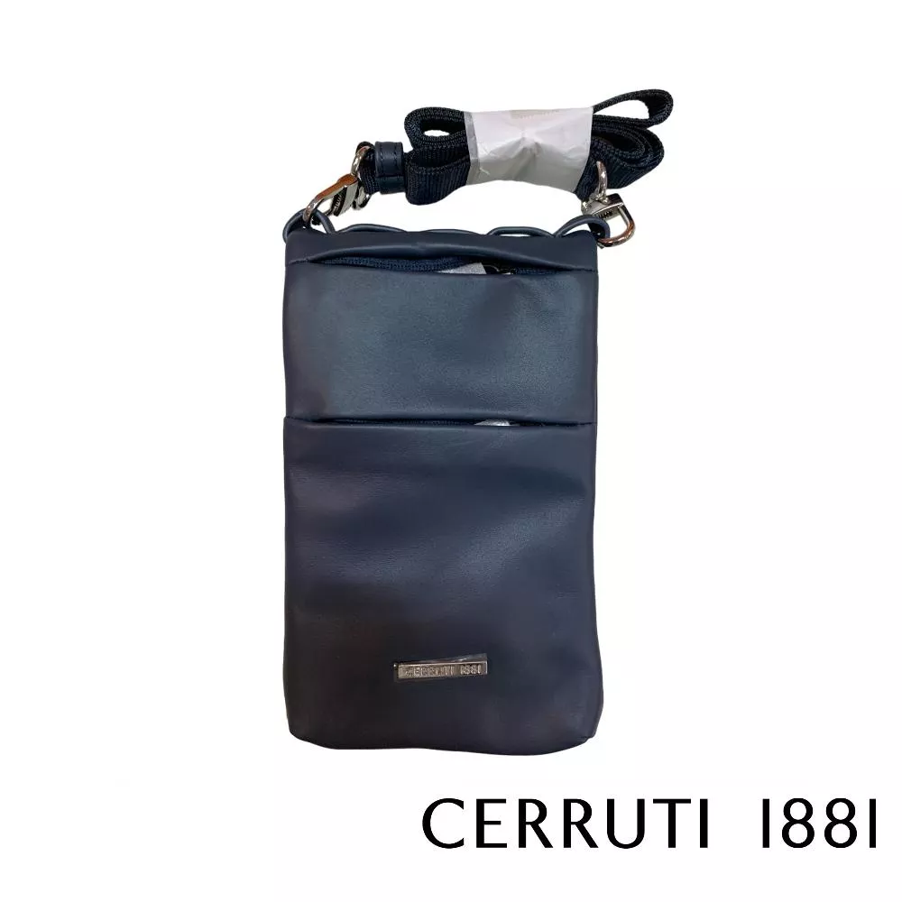 【Cerruti 1881】限量2折 義大利頂級小牛皮手機包肩背包斜背包 全新專櫃展示品 (深藍色 CEBO06659M)