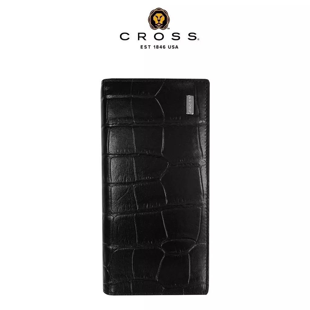 【CROSS】限量1折 頂級NAPPA小牛皮鱷魚紋22卡1零錢袋長夾 全新專櫃展示品 (黑色)