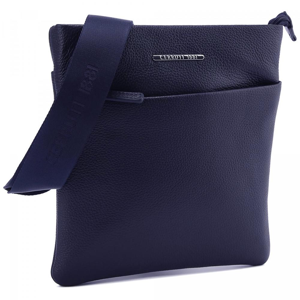 【Cerruti 1881】限量2折 義大利頂級小牛皮側背包肩背包 全新專櫃展示品 (深藍色 CEBO06023M)