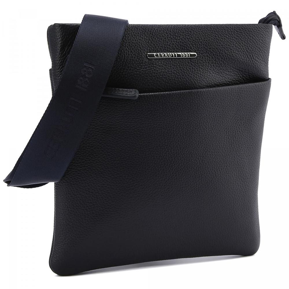 【Cerruti 1881】限量2折 義大利頂級小牛皮側背包肩背包 全新專櫃展示品 (黑色 CEBO06023M)