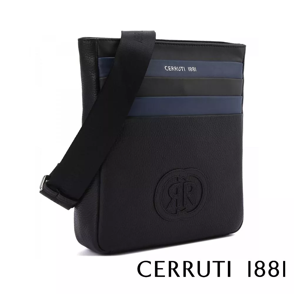【Cerruti 1881】限量2折 義大利頂級小牛皮側背包肩背包 全新專櫃展示品 (黑色 CEBO06048M)