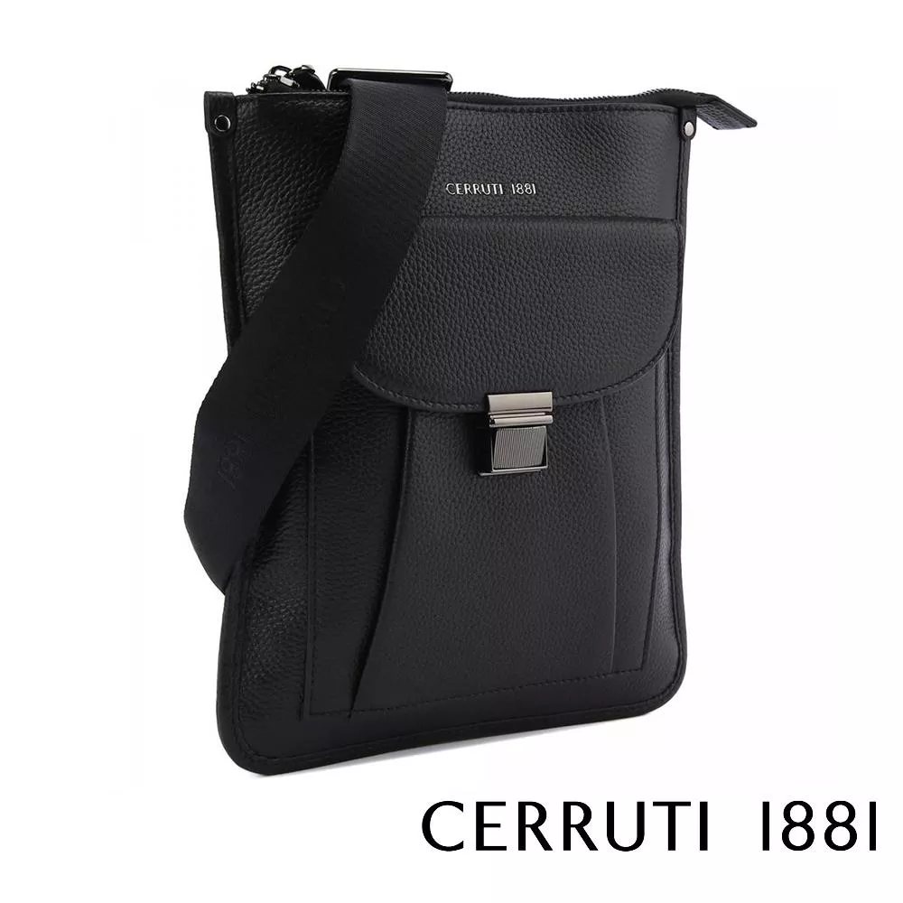 【Cerruti 1881】限量2折 義大利頂級小牛皮側背包肩背包 全新專櫃展示品 (黑色 CEBO06177M)