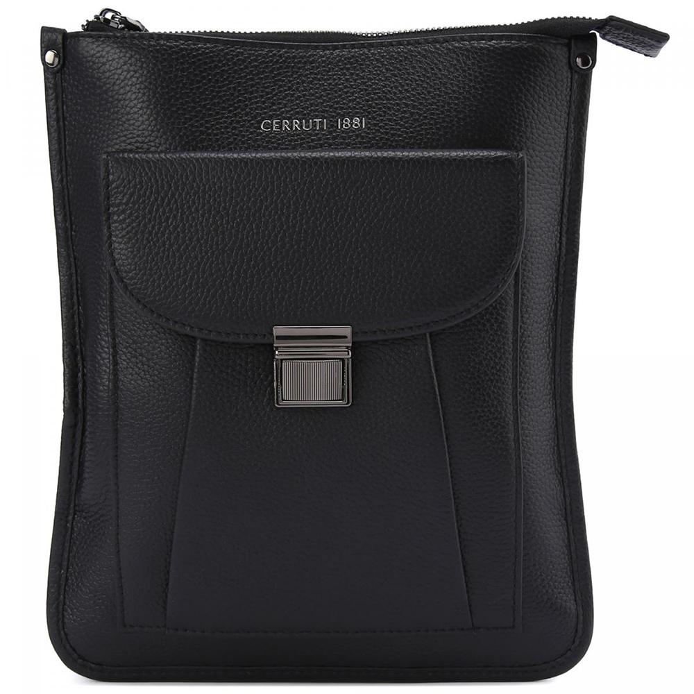 【Cerruti 1881】限量2折 義大利頂級小牛皮側背包肩背包 全新專櫃展示品 (黑色 CEBO06177M)