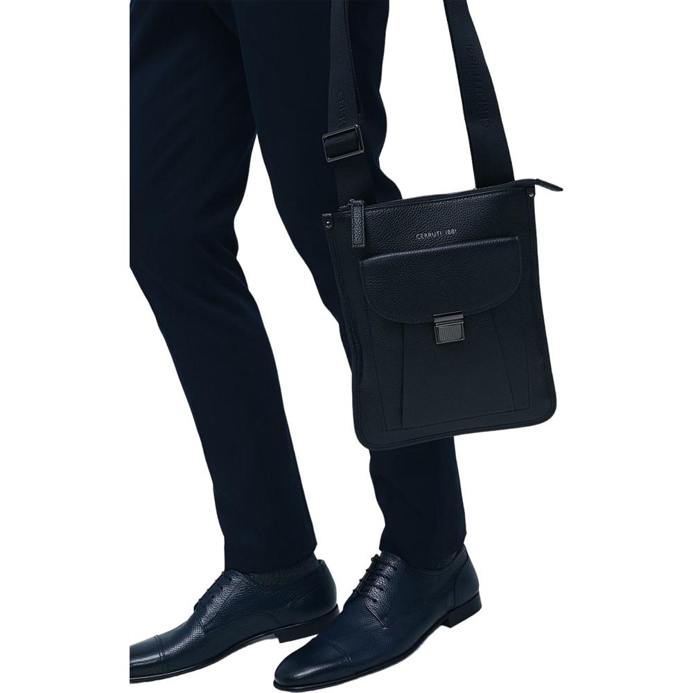 【Cerruti 1881】限量2折 義大利頂級小牛皮側背包肩背包 全新專櫃展示品 (黑色 CEBO06177M)