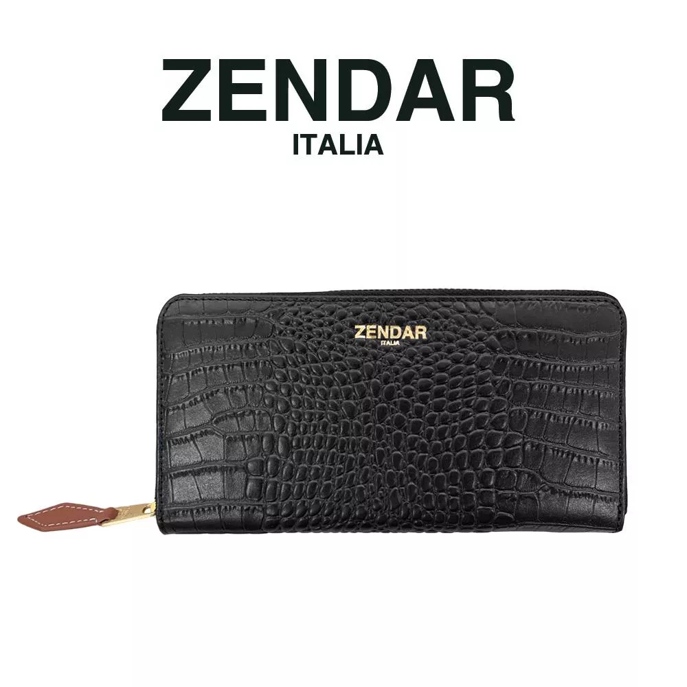 【ZENDAR】限量1折 頂級小牛皮鱷魚紋拉鍊長夾 霏比系列 全新專櫃展示品 (經典黑)
