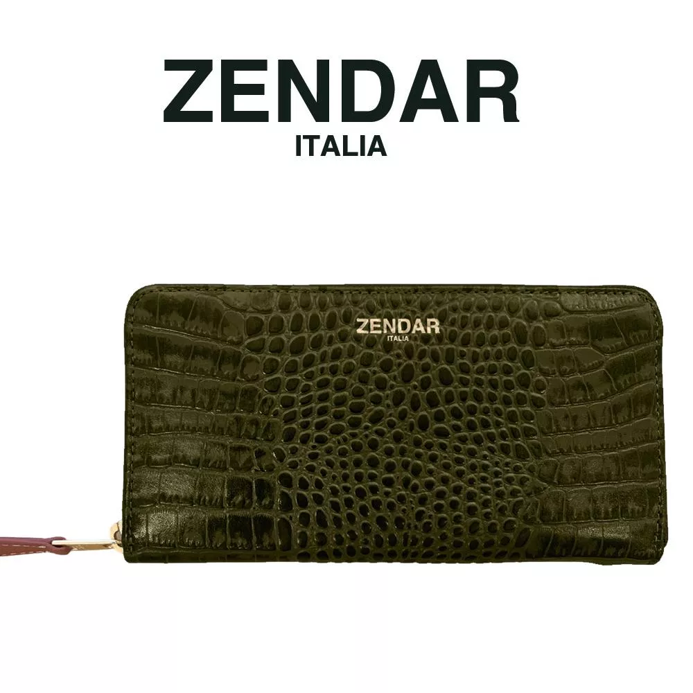 【ZENDAR】頂級小牛皮鱷魚紋拉鍊長夾 霏比系列 (翡翠綠)