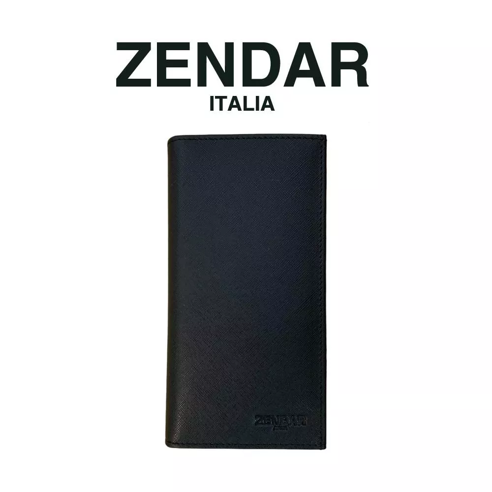 【ZENDAR】限量1折 頂級小牛皮十字紋18卡對開長夾 尼亞系列 全新專櫃展示品(黑色 送禮盒提袋)