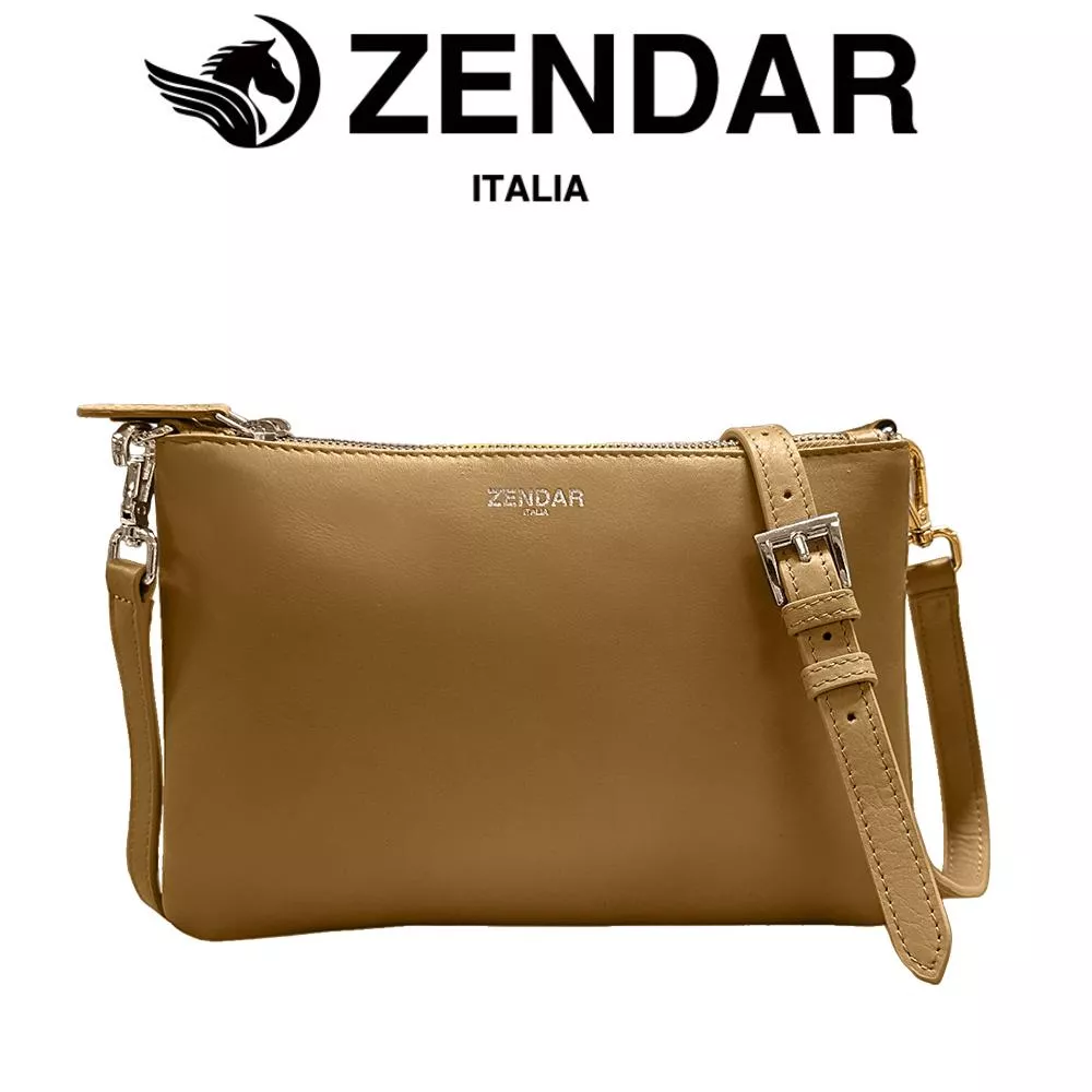【ZENDAR】限量1折 頂級小牛皮雙層肩背包側背包 米凱拉系列 全新專櫃展示品(琥珀/咖啡色)