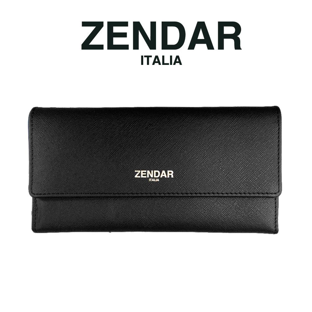 【ZENDAR】限量1折 頂級小牛皮十字紋翻蓋長夾 米蘭系列 全新專櫃展示品 (黑色)