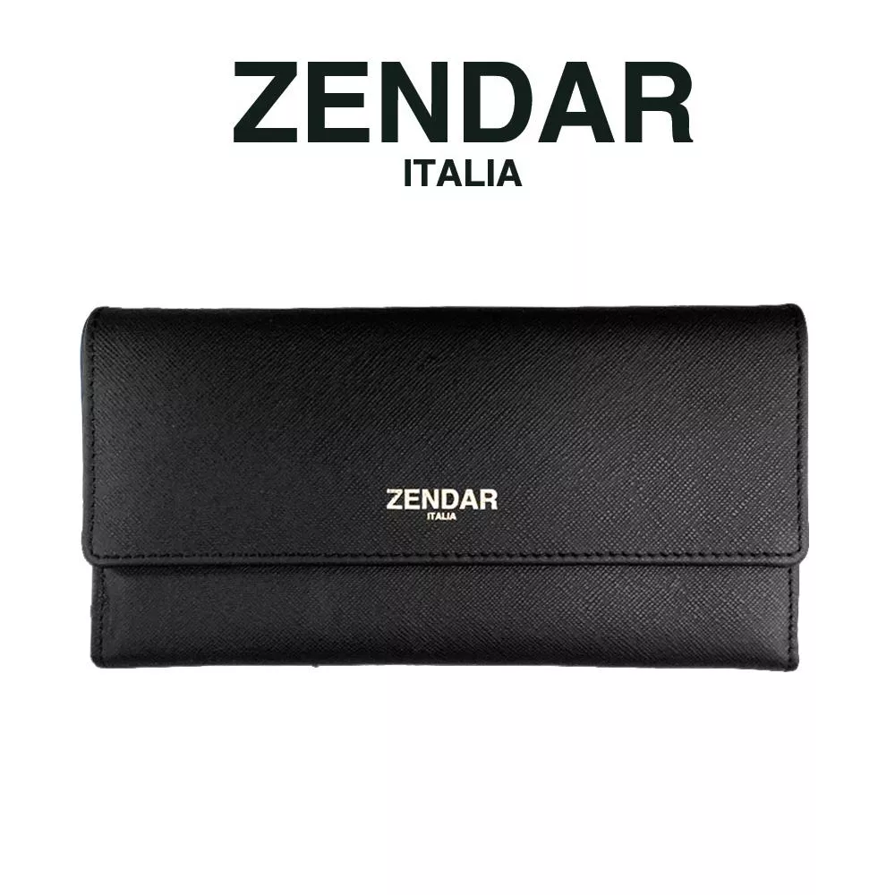 【ZENDAR】限量1折 頂級小牛皮十字紋翻蓋長夾 米蘭系列 全新專櫃展示品 (黑色)