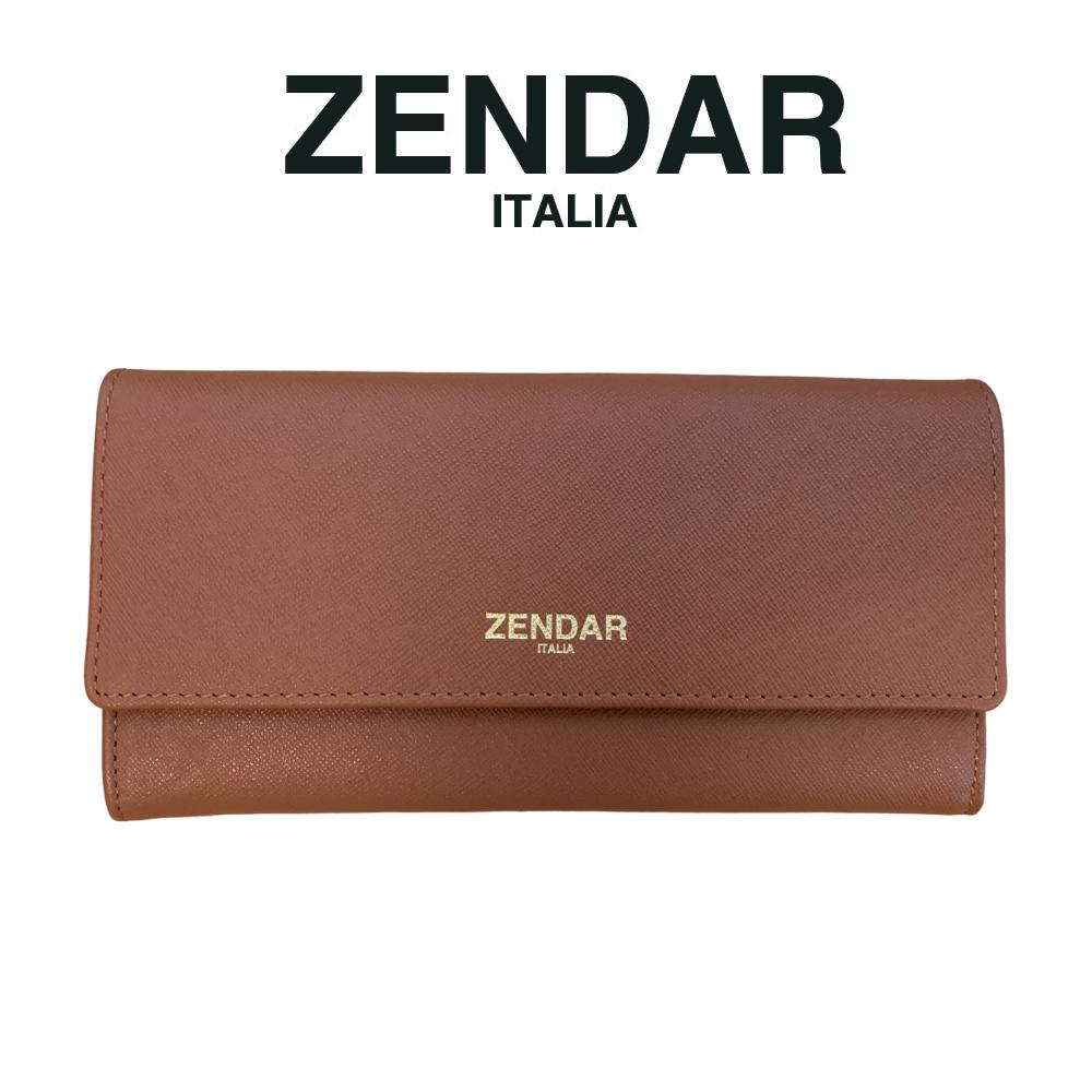 【ZENDAR】頂級小牛皮十字紋翻蓋長夾 米蘭系列 (琥珀色)