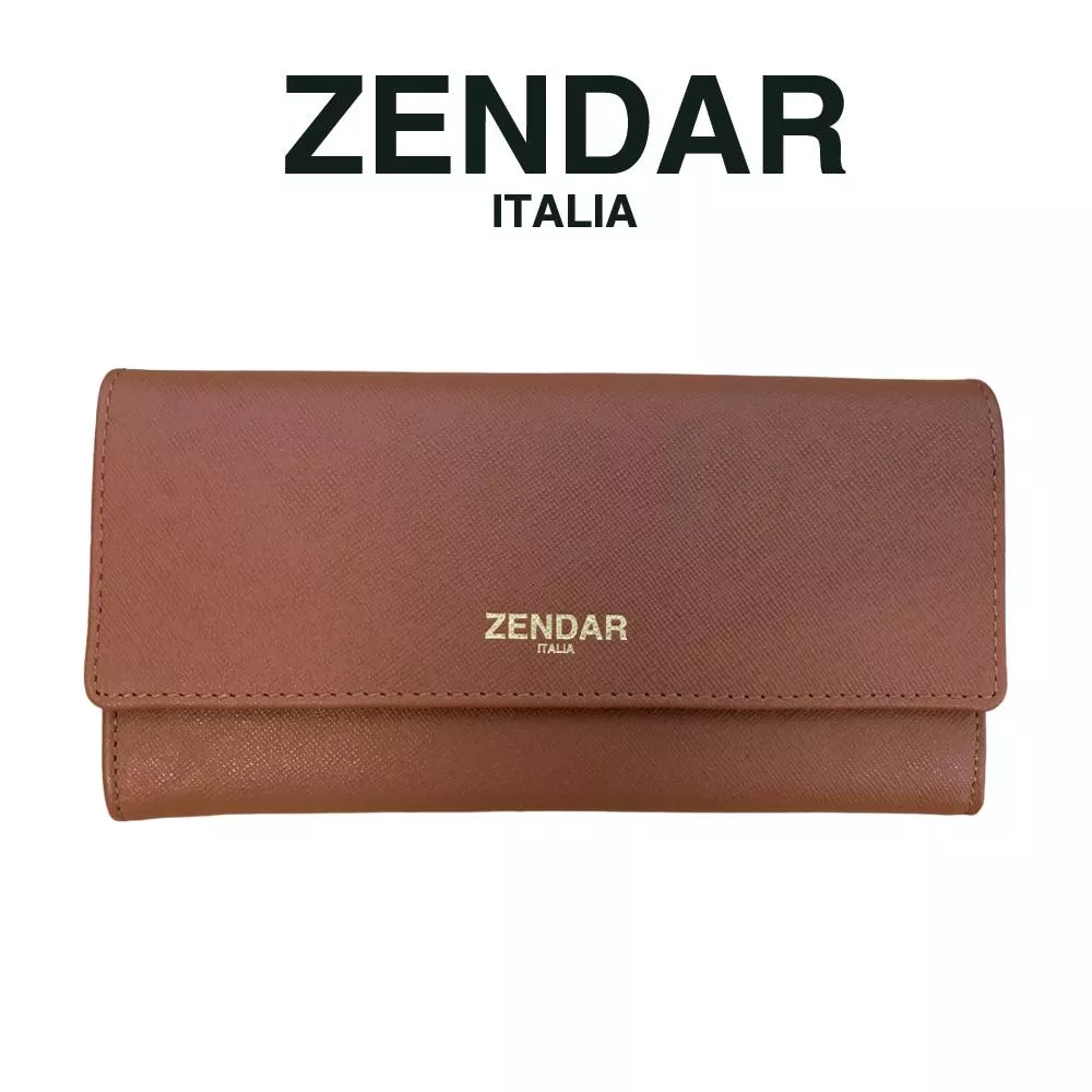 【ZENDAR】頂級小牛皮十字紋翻蓋長夾 米蘭系列 (琥珀色)