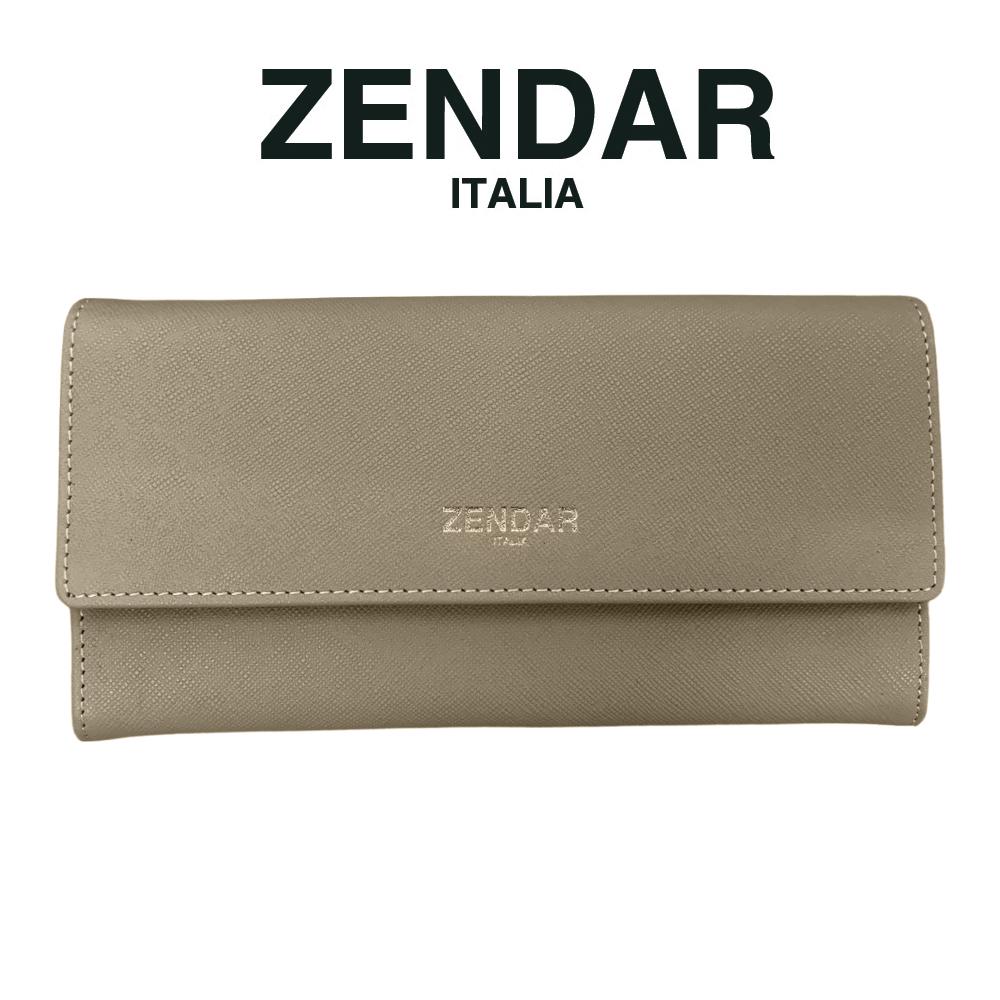【ZENDAR】頂級小牛皮十字紋翻蓋長夾 米蘭系列 (米灰色)