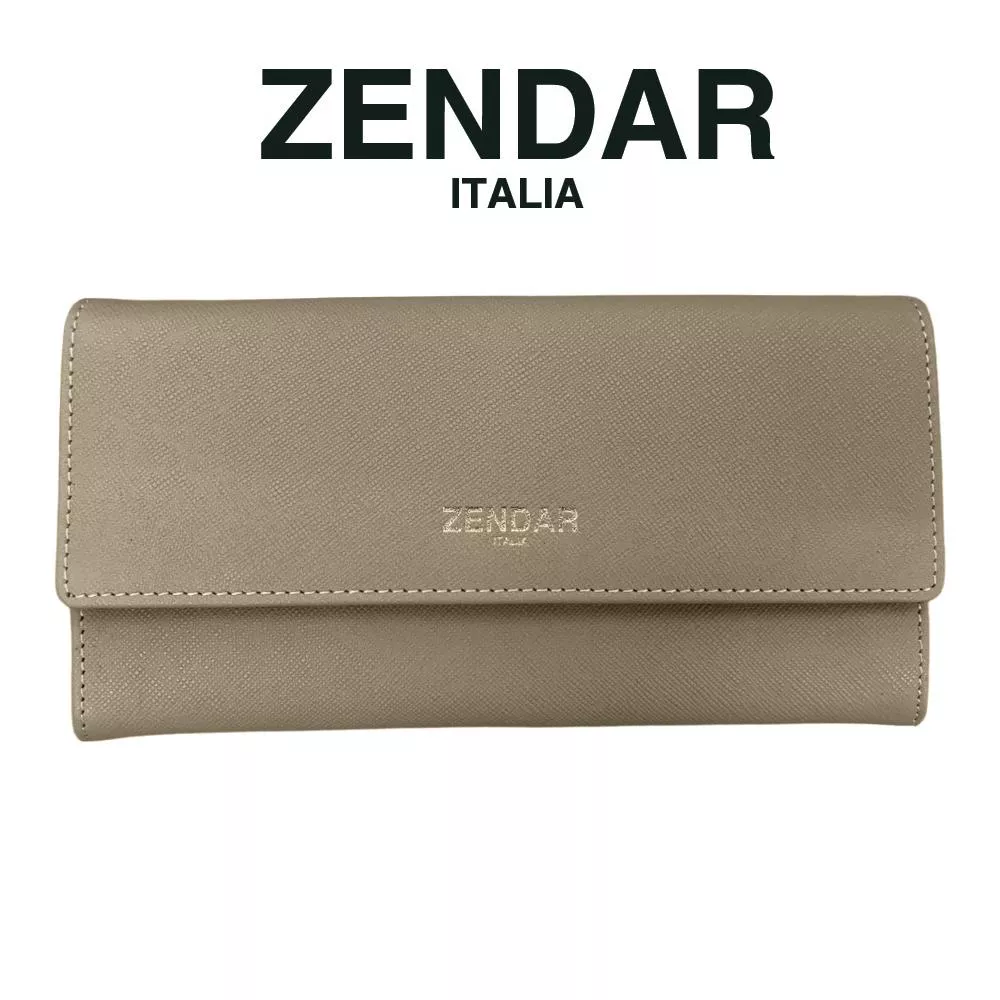 【ZENDAR】頂級小牛皮十字紋翻蓋長夾 米蘭系列 (米灰色)