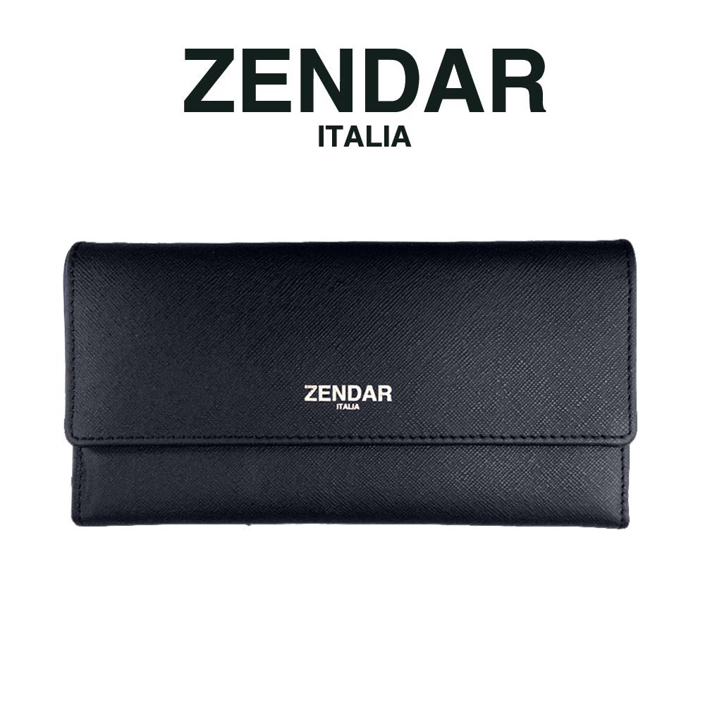 【ZENDAR】限量1折 頂級小牛皮十字紋翻蓋長夾 米蘭系列 全新專櫃展示品 (霧黑色)