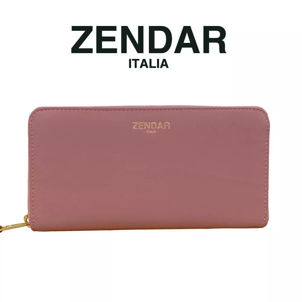【ZENDAR】限量1折 超柔軟頂級小羊皮拉鍊長夾 絲柏系列 全新專櫃展示品(桃粉色)