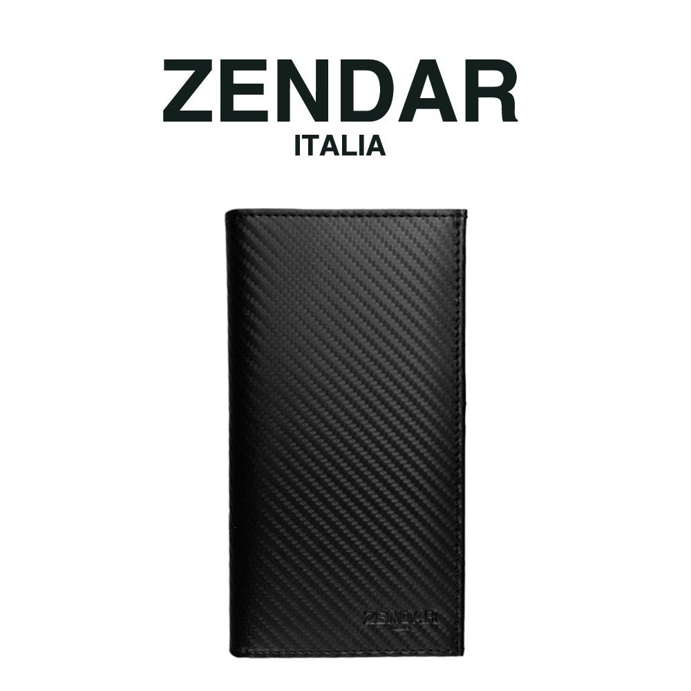 【ZENDAR】頂級小牛皮碳纖維紋18卡對開長夾 巴雷特系列 (黑色 送禮盒提袋)