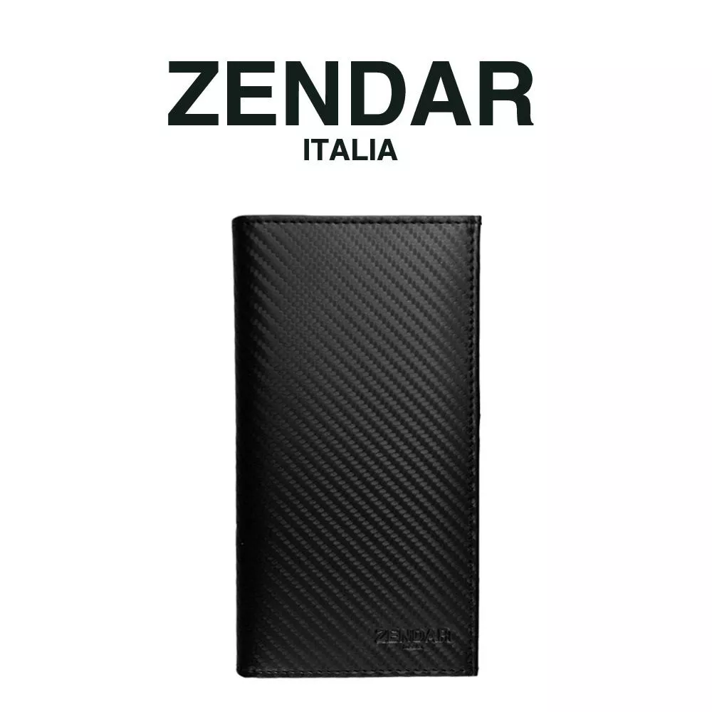 【ZENDAR】頂級小牛皮碳纖維紋18卡對開長夾 巴雷特系列 (黑色 送禮盒提袋)