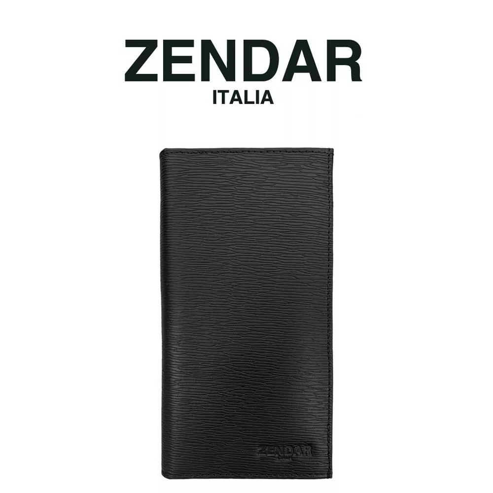 【ZENDAR】頂級小牛皮極光紋18卡對開長夾 卡特系列 (黑色 送禮盒提袋)