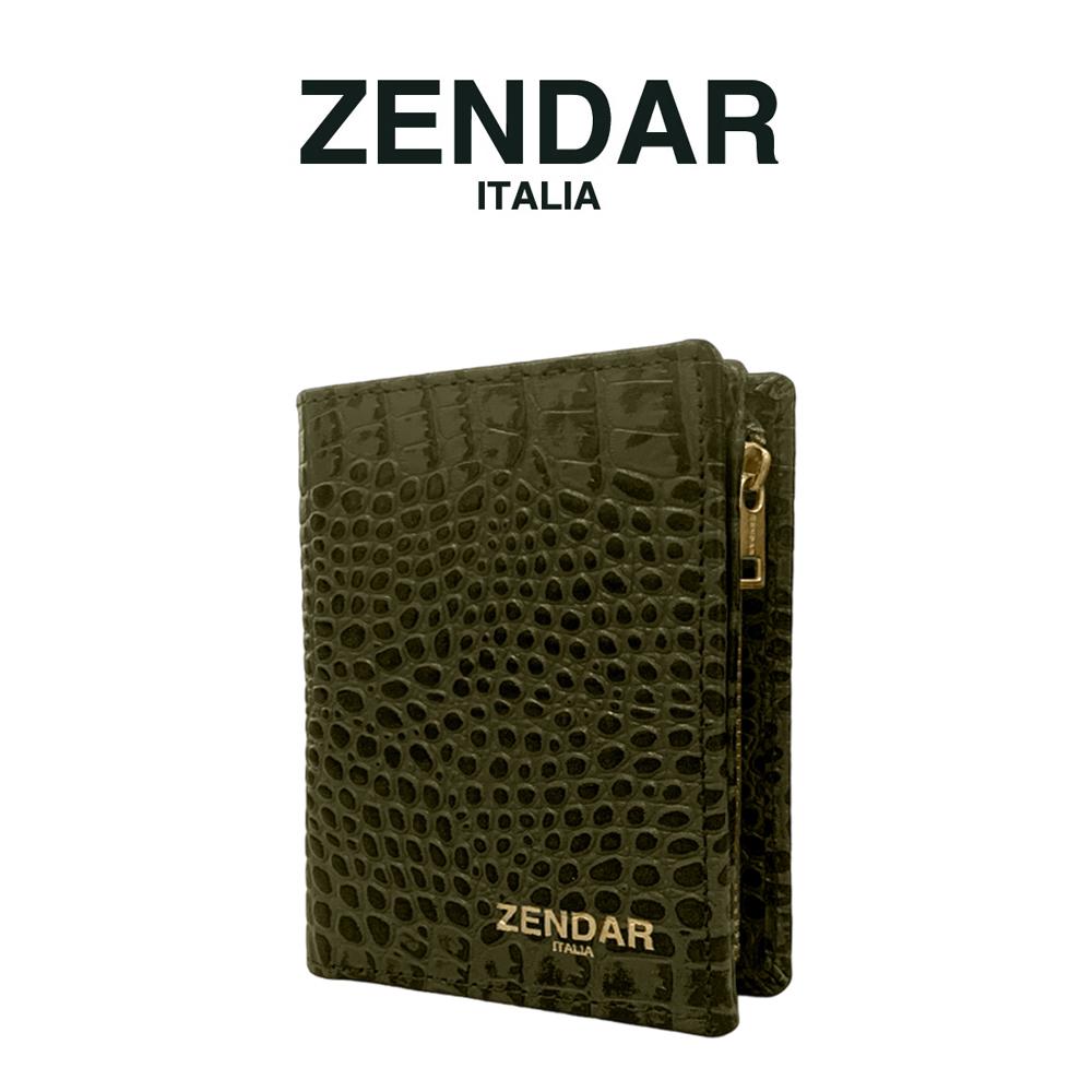 【ZENDAR】頂級小牛皮鱷魚紋拉鍊短夾 霏比系列 (秋香墨綠)
