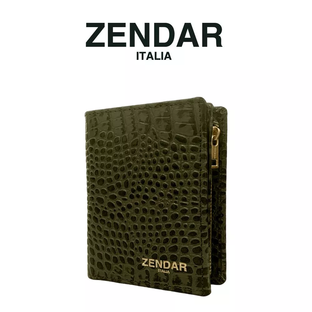 【ZENDAR】頂級小牛皮鱷魚紋拉鍊短夾 霏比系列 (秋香墨綠)