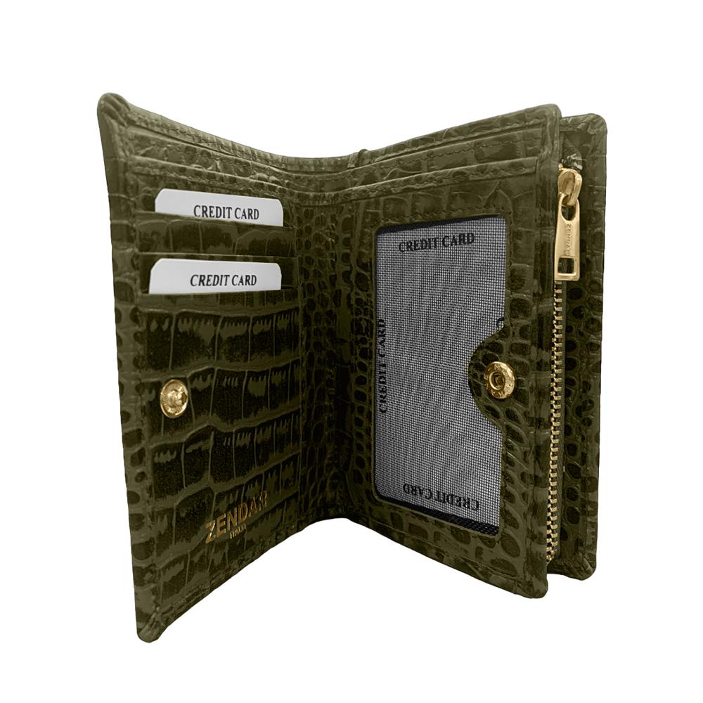 【ZENDAR】限量1折 頂級小牛皮鱷魚紋拉鍊短夾 霏比系列 全新專櫃展示品 (秋香墨綠)