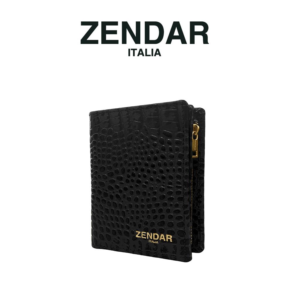 【ZENDAR】頂級小牛皮鱷魚紋拉鍊短夾 霏比系列 (經典黑)