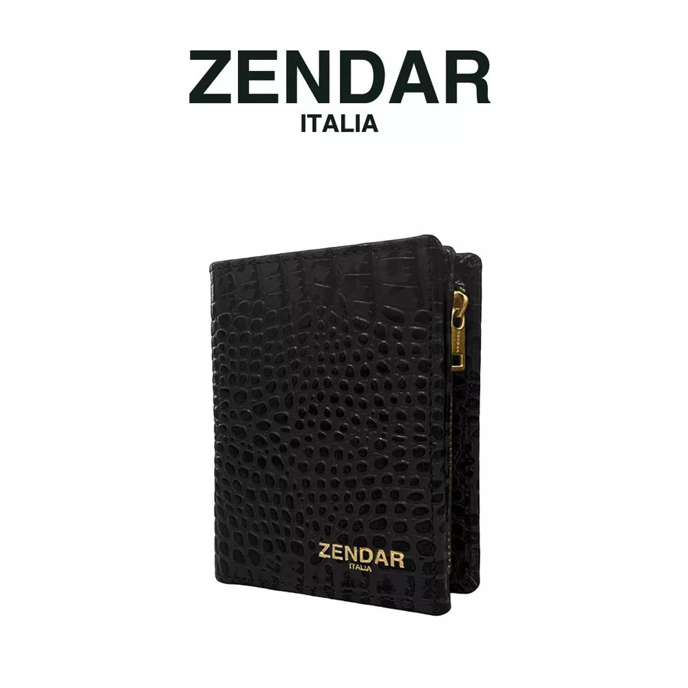 【ZENDAR】限量1折 頂級小牛皮鱷魚紋拉鍊短夾 霏比系列 全新專櫃展示品 (經典黑)