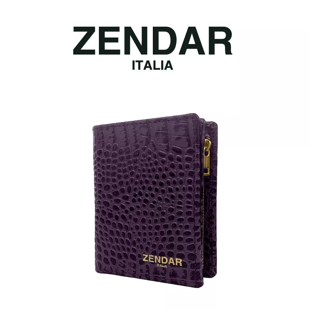 【ZENDAR】頂級小牛皮鱷魚紋拉鍊短夾 霏比系列 (莓紫)