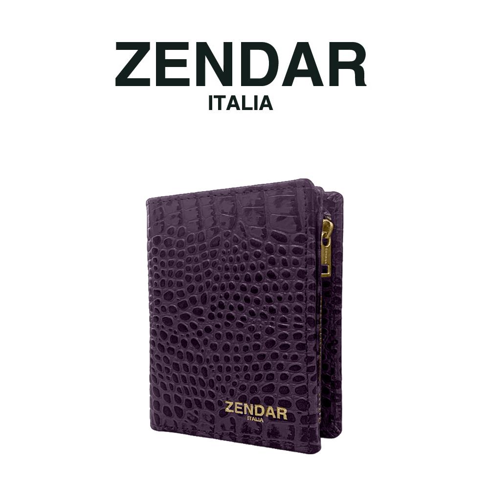 【ZENDAR】限量1折 頂級小牛皮鱷魚紋拉鍊短夾 霏比系列 全新專櫃展示品 (莓紫)