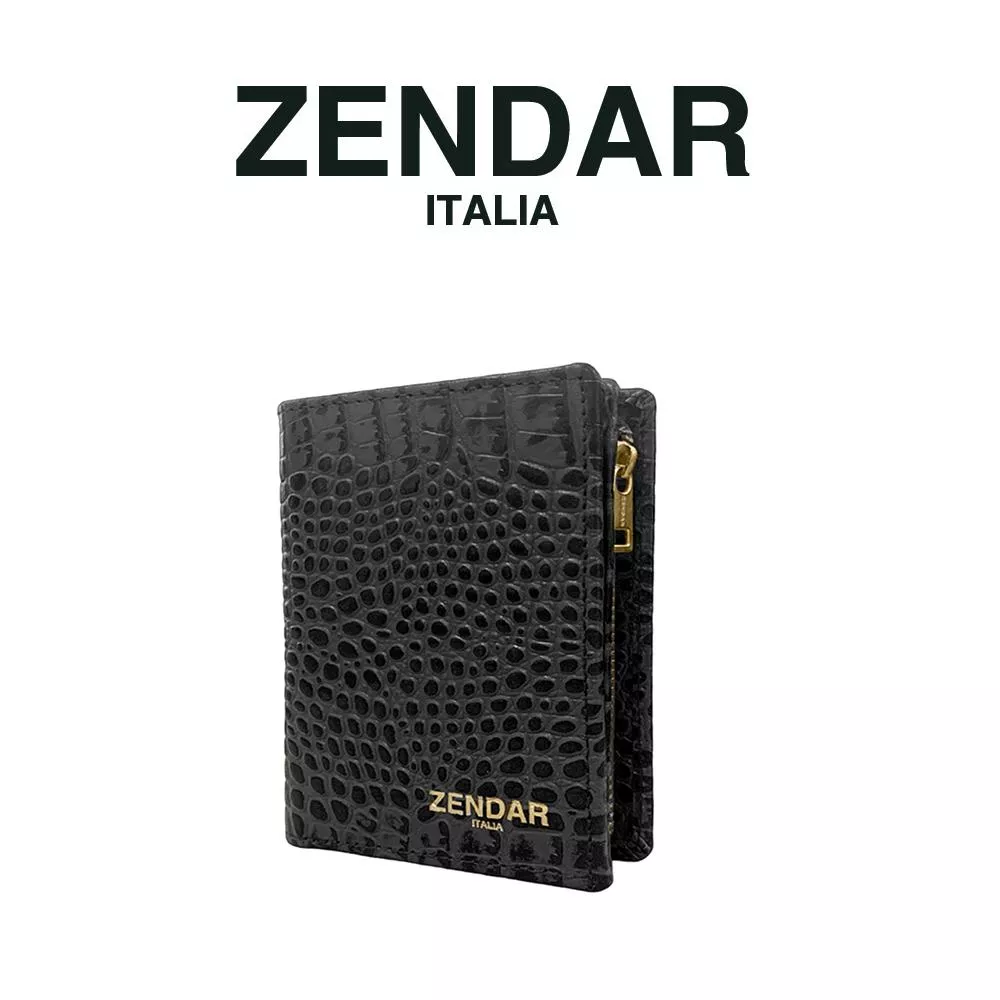 【ZENDAR】頂級小牛皮鱷魚紋拉鍊短夾 霏比系列 (鐵灰色)