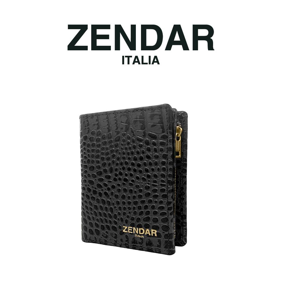 【ZENDAR】限量1折 頂級小牛皮鱷魚紋拉鍊短夾 霏比系列 全新專櫃展示品 (鐵灰色)