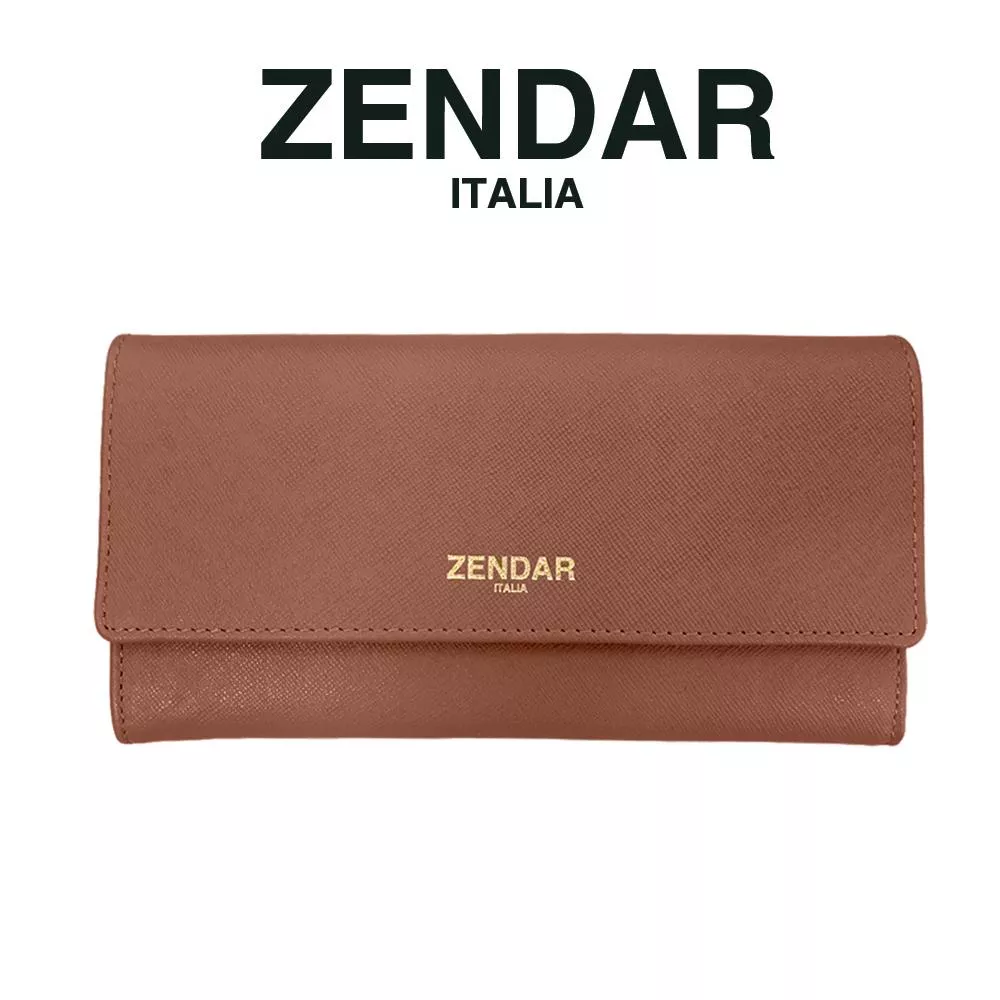 【ZENDAR】限量1折 頂級小牛皮十字紋翻蓋長夾 米蘭系列 全新專櫃展示品 (琥珀色)