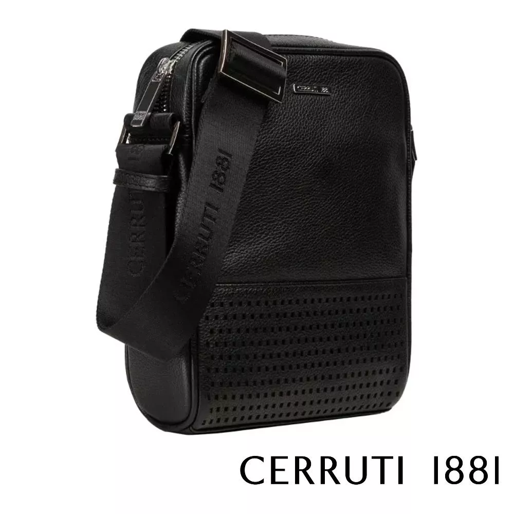【Cerruti 1881】限量2折 義大利頂級小牛皮側背包肩背包 全新專櫃展示品 (黑色 CEBO06568M)