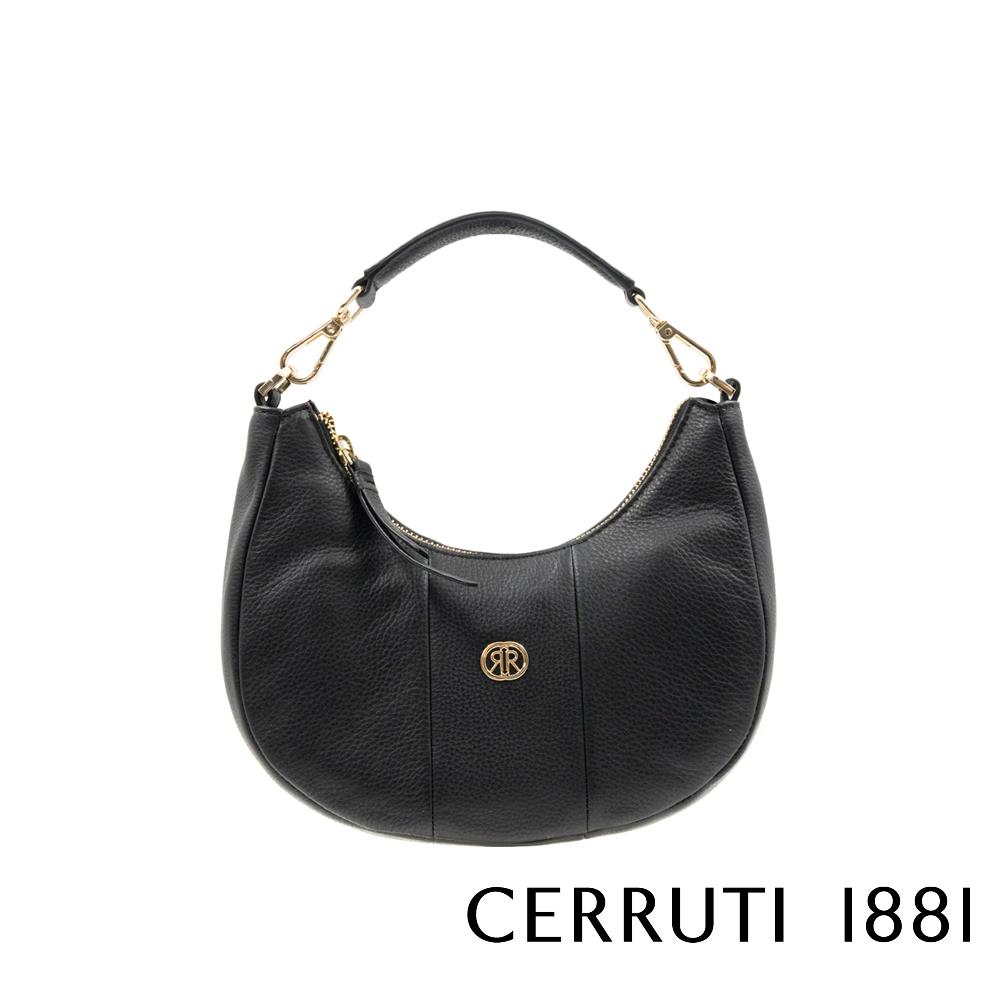 【Cerruti 1881】限量2折 義大利頂級小牛皮女用半月包馬鞍包手拿包肩背包側背包 全新專櫃展示品 (黑色 CEBA06584M)
