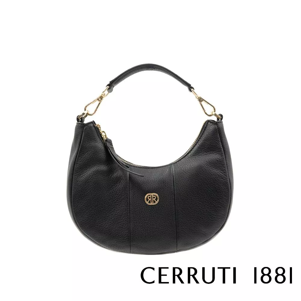 【Cerruti 1881】限量2折 義大利頂級小牛皮女用半月包馬鞍包手拿包肩背包側背包 全新專櫃展示品 (黑色 CEBA06584M)