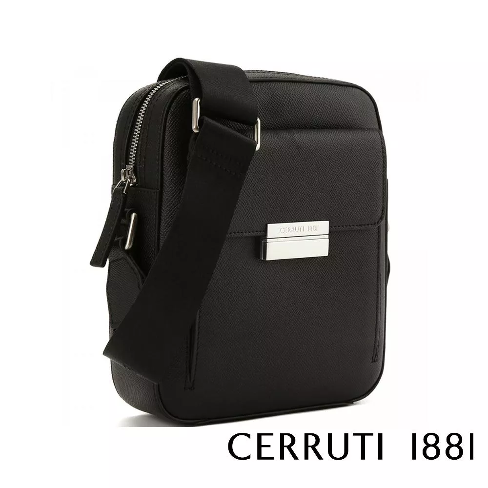 【Cerruti 1881】義大利頂級小牛皮十字紋肩背包側背包 (黑色 CEBO06755M)