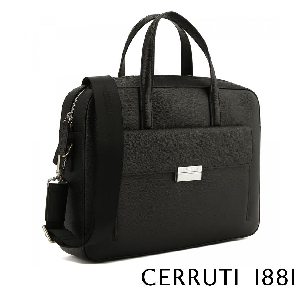 【Cerruti 1881】限量2折 義大利頂級小牛皮十字紋旅行公事包肩背包 全新專櫃展示品 (黑色 CECA06756M)