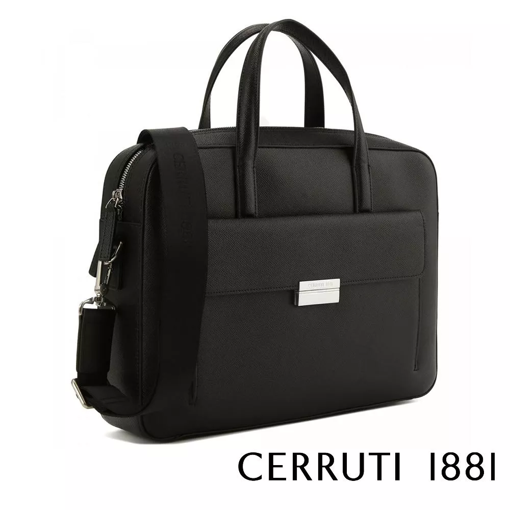 【Cerruti 1881】限量2折 義大利頂級小牛皮十字紋旅行公事包肩背包 全新專櫃展示品 (黑色 CECA06756M)