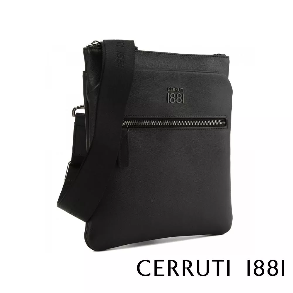 【Cerruti 1881】限量2折 義大利頂級小牛皮側背包肩背包 全新專櫃展示品 (黑色 CEBO06781M)