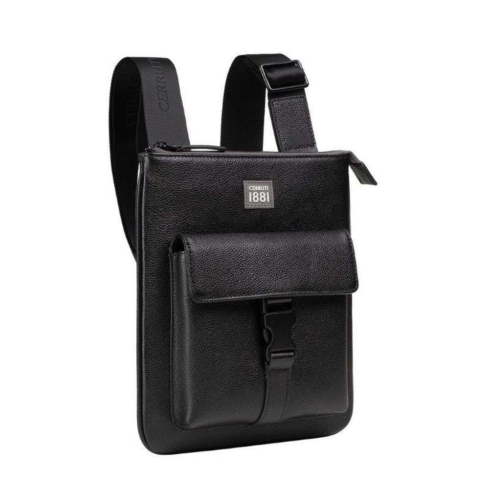 【Cerruti 1881】限量2折 義大利頂級小牛皮側背包肩背包 全新專櫃展示品 (黑色 CEBO05342M)
