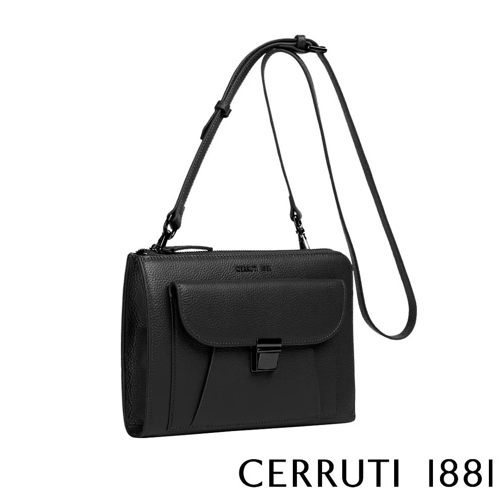 【Cerruti 1881】限量2折 義大利頂級小牛皮側背包肩背包 全新專櫃展示品 (黑色 CEBO06324M)